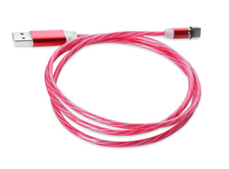 Red USB cable with type C connector isolated on white