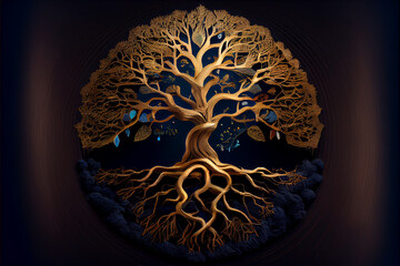 golden tree of life with roots. afterlife concept. 