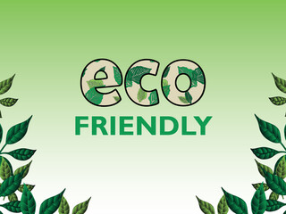 Eco friendly art of leaf-filled letters grouped on a gradient green background, with green leaves at the bottom.