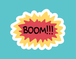 Speech bubble boom icon. Explosion symbol, graphic element for printing on fabric. Template, mockup and layout for comics. Superheroes and super power, battle. Cartoon flat vector illustration