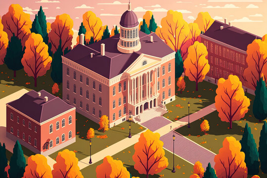 Cityscape With School Or Library Building Silhouettes. Cartoon Autumn Scene With A Governmental, Judicial, Or Academic Institution's Campus Building Positioned At The Front Generative AI