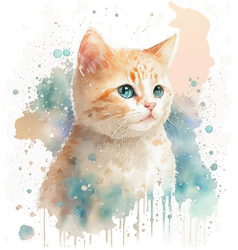 Cartoon kitten painted in watercolor for pet shop materials, veterinary clinic and people in love with cats