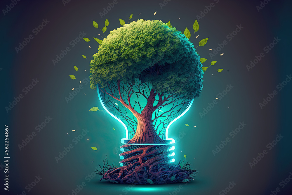 Poster lightbulb with a tree growing on it. technology convergence as well as digital convergence. backgrou