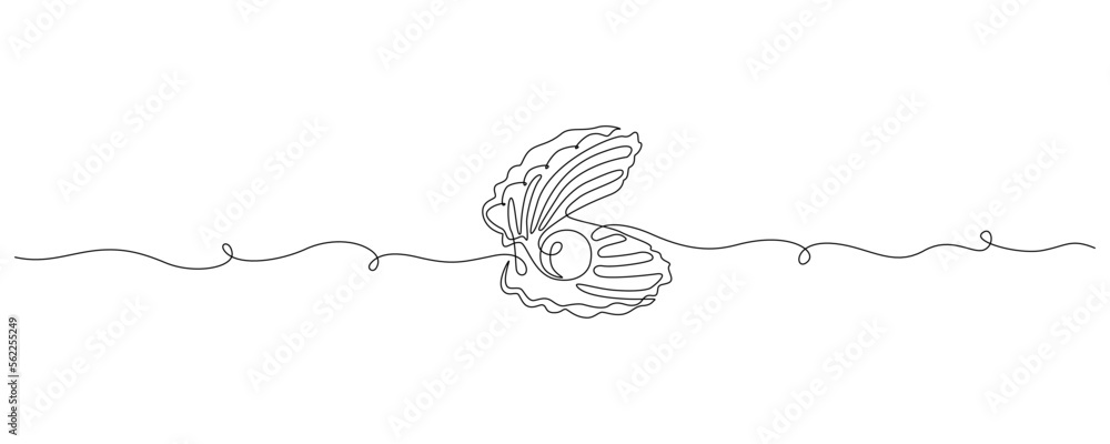 Fototapete continuous one line drawing of open oyster shell with pearl. seashell symbol and banner of beauty sp