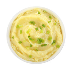 Bowl of tasty mashed potato with green onion isolated on white, top view