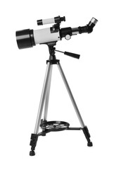 Tripod with modern telescope isolated on white