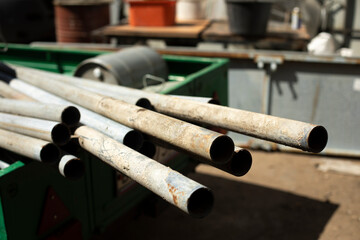 Steel pipes made of steel. Building material in trailer.