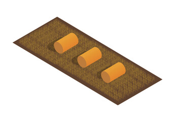 Work in field isometric. Stacks of wheat and harvest. Food for horses, pigs and cows. Nature and floristry, botany. Village landscape. Farming and agriculture. Cartoon 3D vector illustration