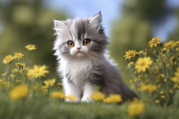 Naklejka na ściany i meble Small cute kitten standing in a meadow, Generative AI