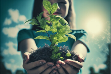 Naklejka na ściany i meble Nurturing the Future: Hands Holding and Caring for a Green Young Plant, Symbolizing Growth and Promise (ai generated)