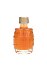 Maple syrup bottle isolated cutout on white background.  Pure Canadian maple syrup. Barrel shape. New. 