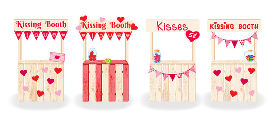 Kissing booth. Four decorative decorated kissing booths. Set of wooden decorations for celebrating birthday, wedding, Happy Valentine's Day. Vector illustration.