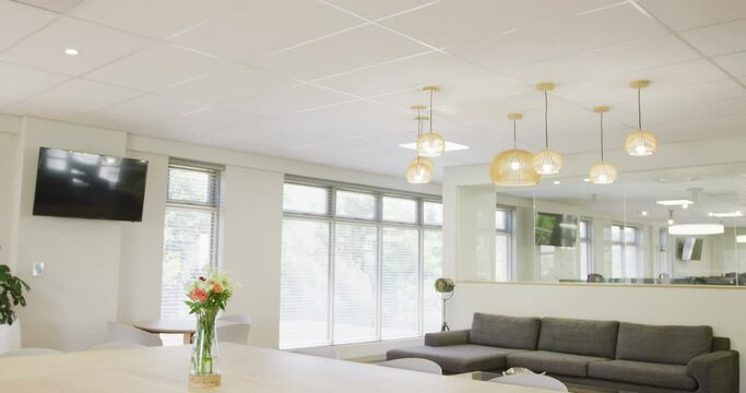 General view of modern office with sofa and table, slow motion