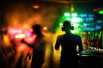 A image of a DJ in a party with blur vision, hard party, techno party, lights party, Generative AI