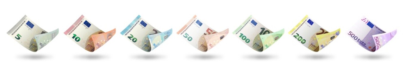 Set of Euro notes denomination. 3d illustration - obrazy, fototapety, plakaty