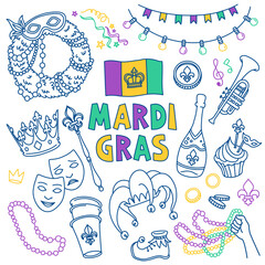 Mardi Gras doodle set. Carnival masks and party decorations. Hand drawn vector illustration isolated on white background. Outline stroke is not expanded, stroke weight is editable