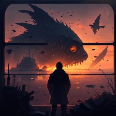 homme dans un bureau sous marin regardant des monstres marins - 98