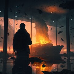 homme dans un bureau sous marin bateau surréaliste - 99