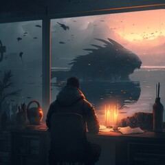 bureau sous marin homme assis regarde dehors - 100