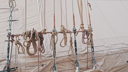 Sail Boat Yacht Rigging Shrouds Lines Ropes for Mast Support Attached to Metal Fixture Shackle Roman Screw