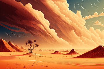 Fantasy dunes, sandstorm, and desert environment. Disaster in a desolate terrain with a dramatic sky and clouds made of sand. Generative AI