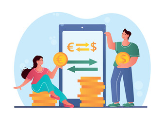 Currency exchange concept. Man and woman with gold coins in their hands on background of smartphone. Infographics and financial literacy, economics and trading. Cartoon flat vector illustration