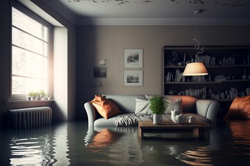 appartement moderne inondé avec de l'eau partout après de fortes pluie - illustration généré par IA - obrazy, fototapety, plakaty