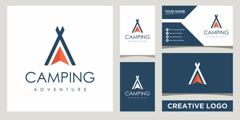 camp adventure minimalist logo design template with business card design