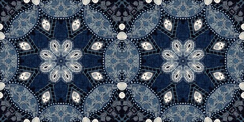 Retro indigo floral bandana 2 tone patterned fabric border background. Seamless boho denim blue banner edge design. Fashion masculine endless edging trim . 
