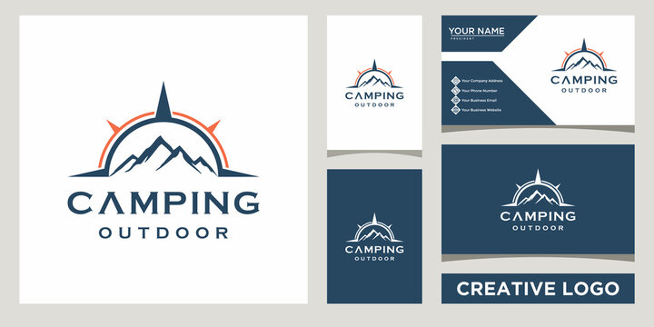 Mountain Hills Peaks with compass Adventure, camping outdoor logo design template with business card design