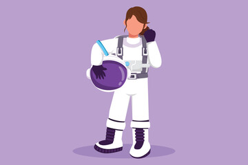 Graphic flat design drawing female astronaut standing with celebrate gesture wear spacesuit exploring earth, moon, other planet in universe. Start space expedition. Cartoon style vector illustration © onetime