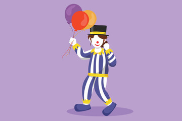 Character flat drawing female clown standing and holding balloons with celebrate gesture, wearing hat and clown costume ready to entertain audience in circus show. Cartoon design vector illustration