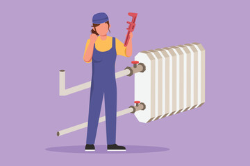 Character flat drawing cute female plumber standing with celebrate gesture and holding carpentry tool ready to work fixing broken plumbing at home. Success business. Cartoon design vector illustration