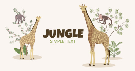 Jungle simple text. Poster or banner for website. African savannah and tall animals next to monkeys on tree. Fauna, flora and wild life. Poster or banner for website. Cartoon flat vector illustration