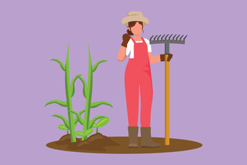 Character flat drawing female farmer standing with celebrate gesture, wearing straw hat, carrying rake to plant crop or harvest farmland. Rural agricultural worker. Cartoon design vector illustration