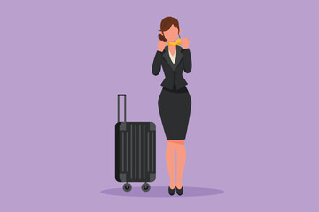 Cartoon flat style drawing female flight attendant standing in uniform with celebrate gesture prepare at airport for flying and serve passenger to their destination. Graphic design vector illustration