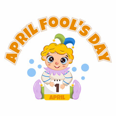 Cute harlequin is holding calendar in his hands. April Fool's Day. Funny kid. Illustration for banner. Party.