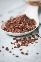 Close Up of a White Spoon with Cocoa Nibs on a Blue Background