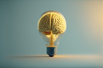 Creative brain light bulb, flash of inspiration, spark, smart, colorful and isolated on pastel background created with generative ai technology