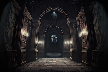 The interior of the castle hall is majestically dark and fantastical. Generative AI