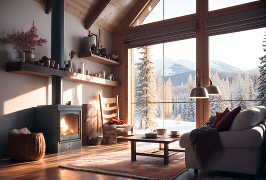 cozy interior of a warm winter in cabin with fireplace, holidays