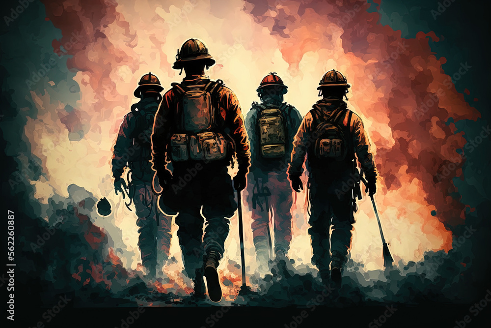 Poster Group of firefighters fighting a fire, They are in the midst of fire and smoke. Generative AI