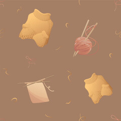 Knitting sweater thread elements with brown background. Knitting hobby. Warm clothes, cozy winter. Isolated vector illustration for poster, banner, cover, card.Vector illustration of seamless pattern.