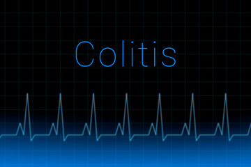 Colitis disease. Colitis logo on a dark background. Heartbeat line as a symbol of human disease. Concept Medication for disease Colitis.