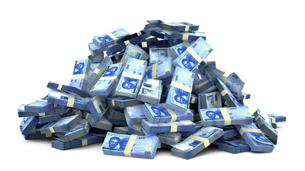 Big pile of 1000 Nigerian naira notes a lot of money over white background. 3d rendering of bundles of cash