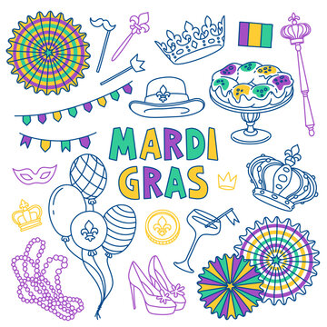 Mardi Gras doodle set. Carnival masks and party decorations. Hand drawn vector illustration isolated on white background. Outline stroke is not expanded, stroke weight is editable