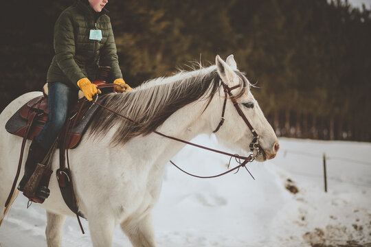Teen girl riding white horse in winter