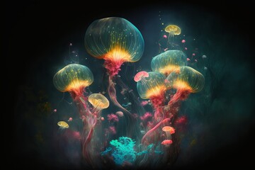 Fototapeta premium Glowing sea jellyfishes on dark background. Generative AI 