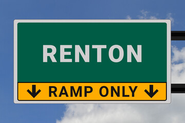 Renton logo. Renton lettering on a road sign. Signpost at entrance to Renton, USA. Green pointer in American style. Road sign in the United States of America. Sky in background