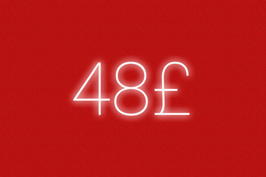 48£ pound sterling logo. forty-eight pound sterling neon sign. Number forty-eight on red wall. 2d image